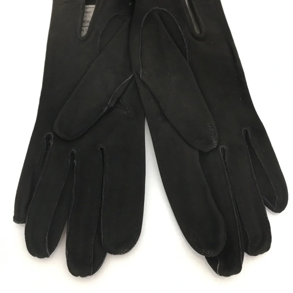 Vintage Kay Fuchs Faux Suede Leather Gloves Black 66378 Made in France